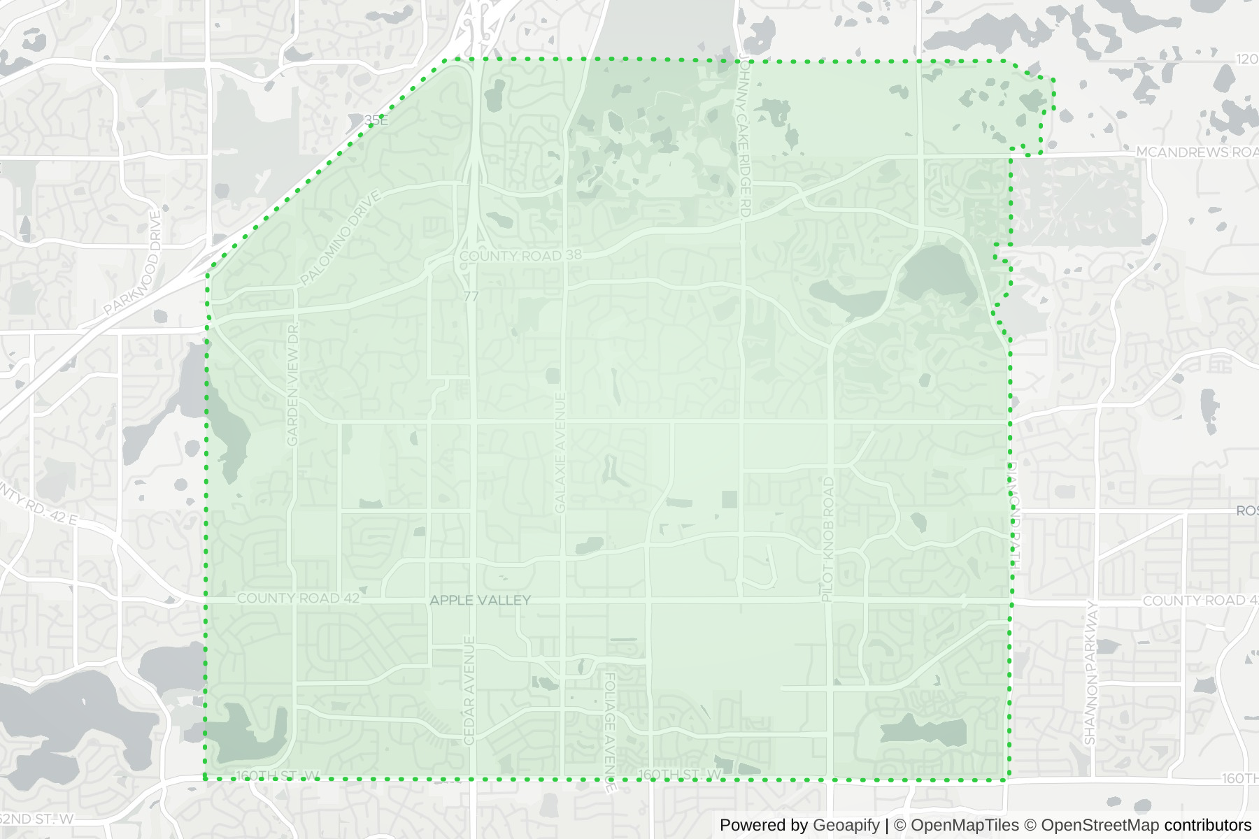 Map of the KeyWe Locksmith service area in Apple Valley, Dakota County, MN
