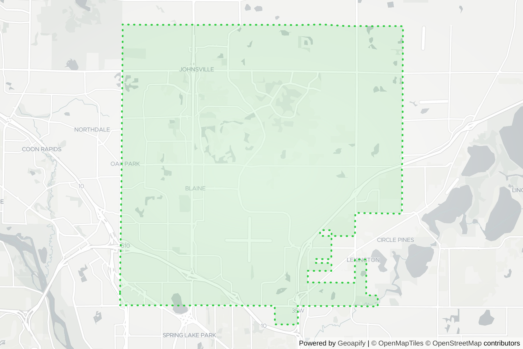 Map of the KeyWe Locksmith service area in Blaine, Anoka County, MN
