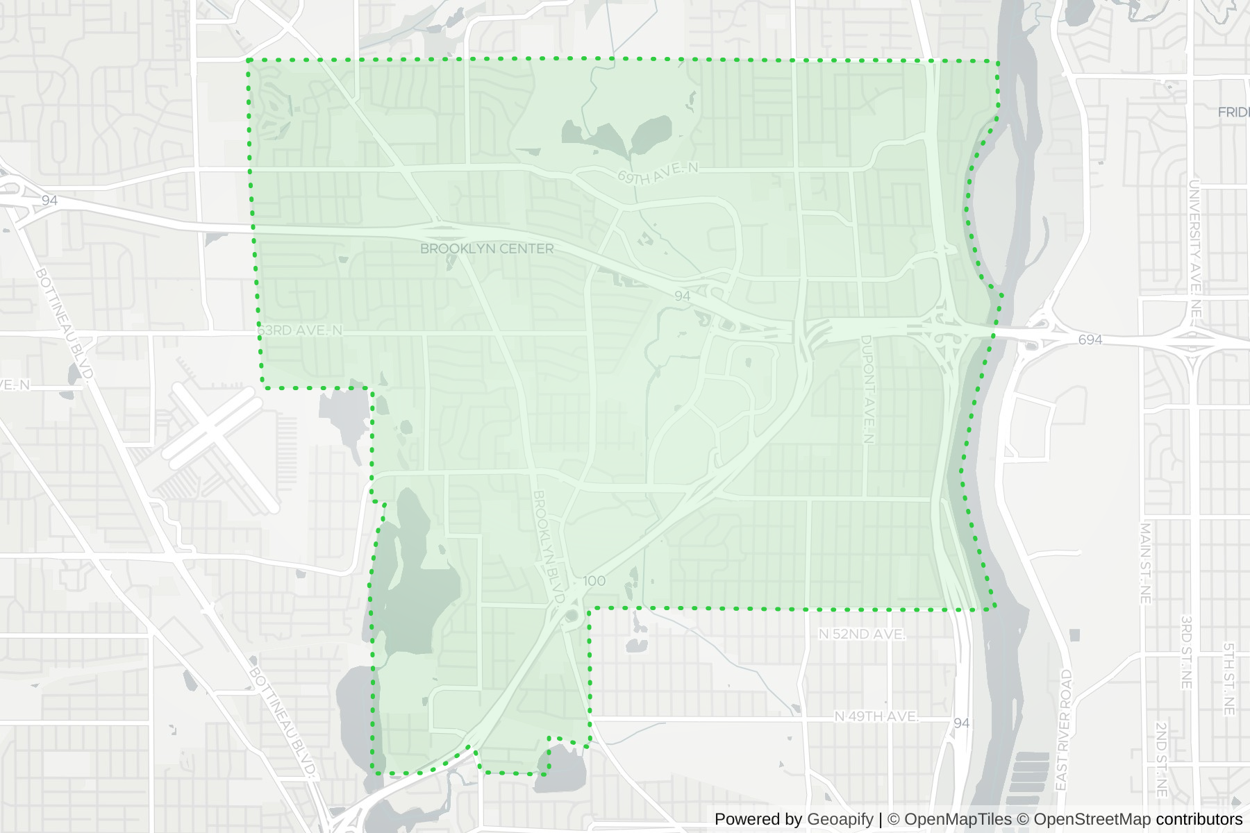 Map of the KeyWe Locksmith service area in Brooklyn Center, Hennepin County, MN