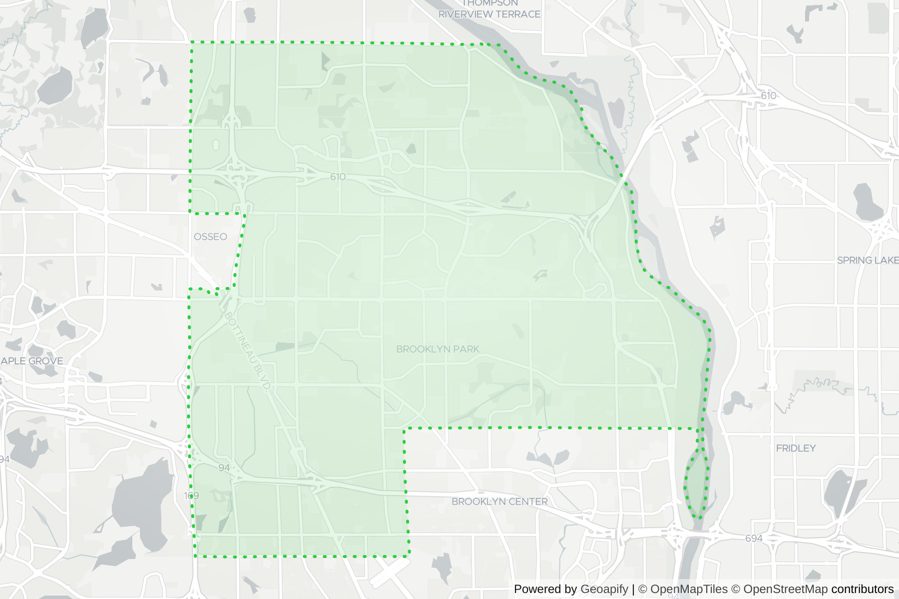 Map of the KeyWe Locksmith service area in Brooklyn Park, Hennepin County, MN