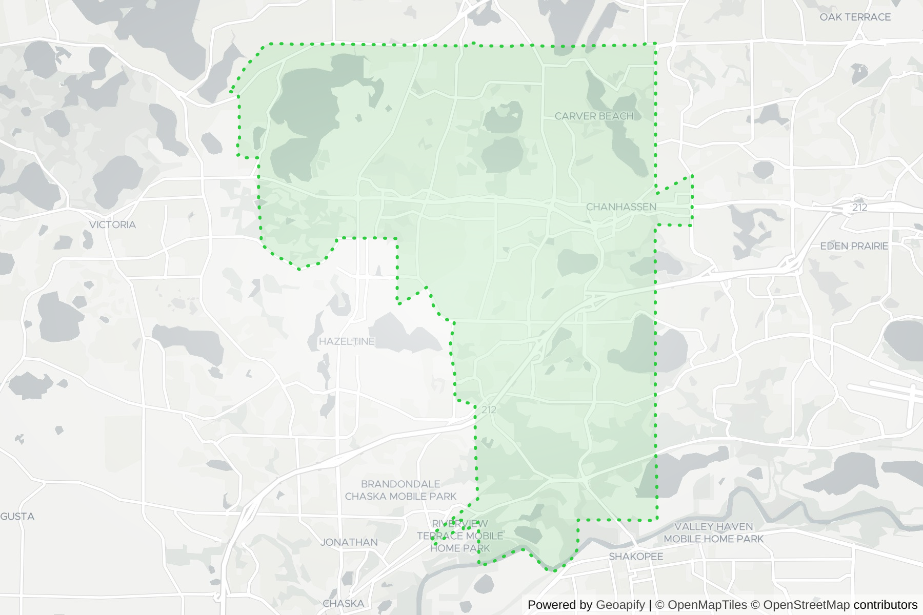 Map of the KeyWe Locksmith service area in Chanhassen, Carver County, MN