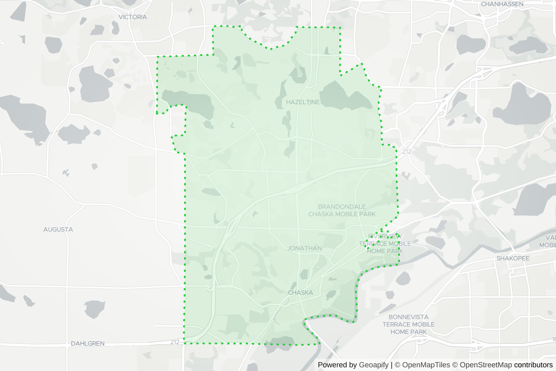 Map of the KeyWe Locksmith service area in Chaska, Carver County, MN