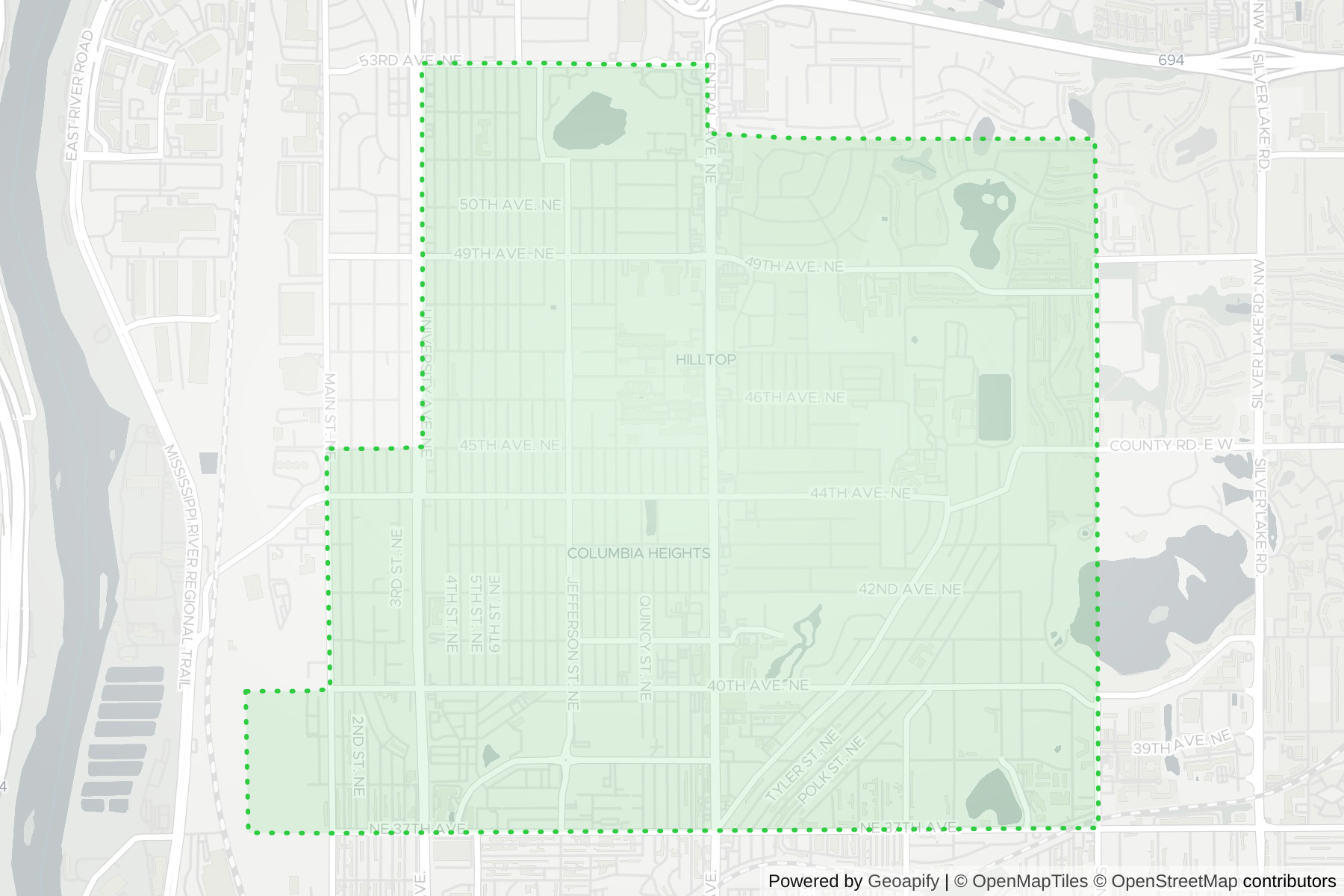 Map of the KeyWe Locksmith service area in Columbia Heights, Anoka County, MN
