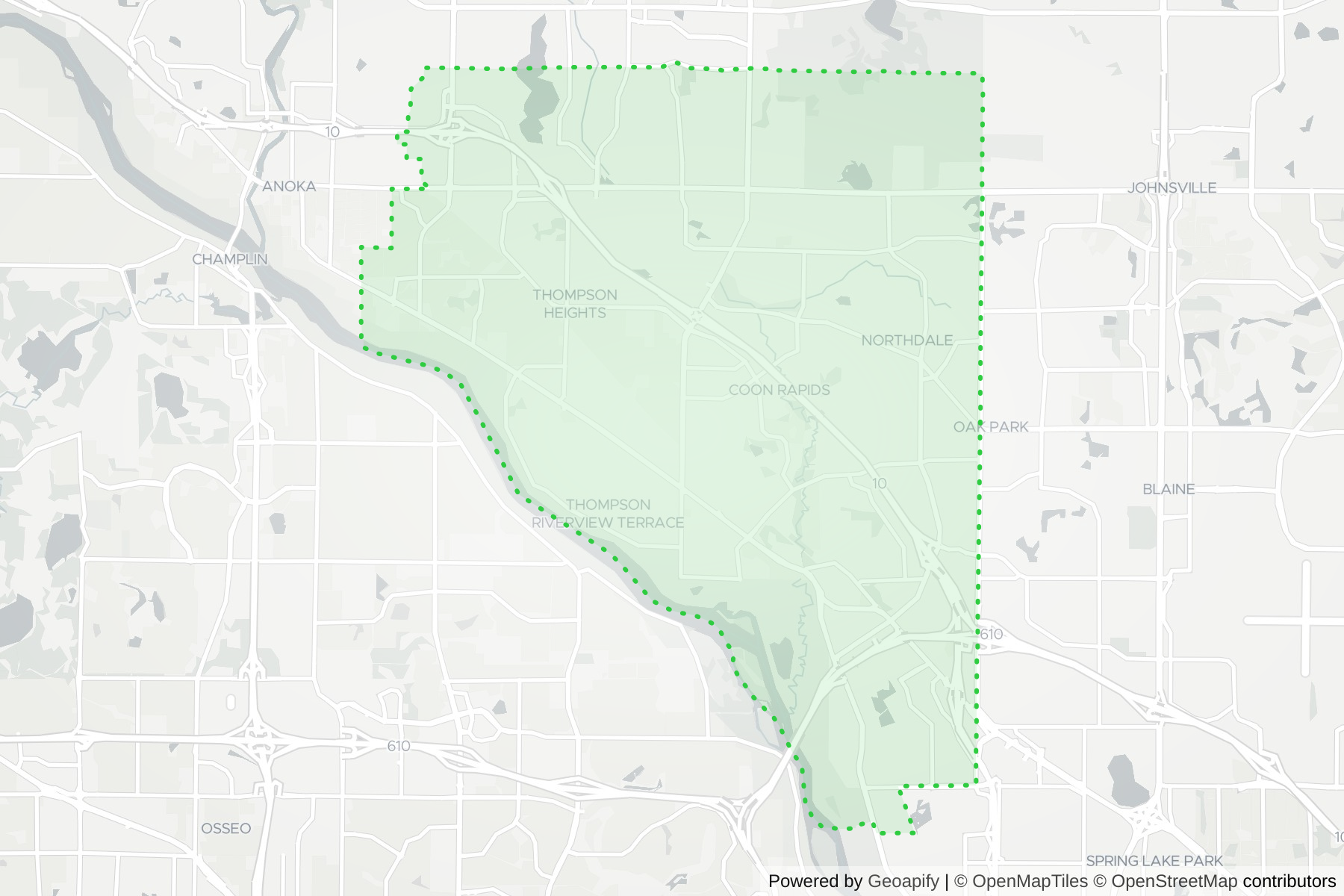 Map of the KeyWe Locksmith service area in Coon Rapids, Anoka County, MN