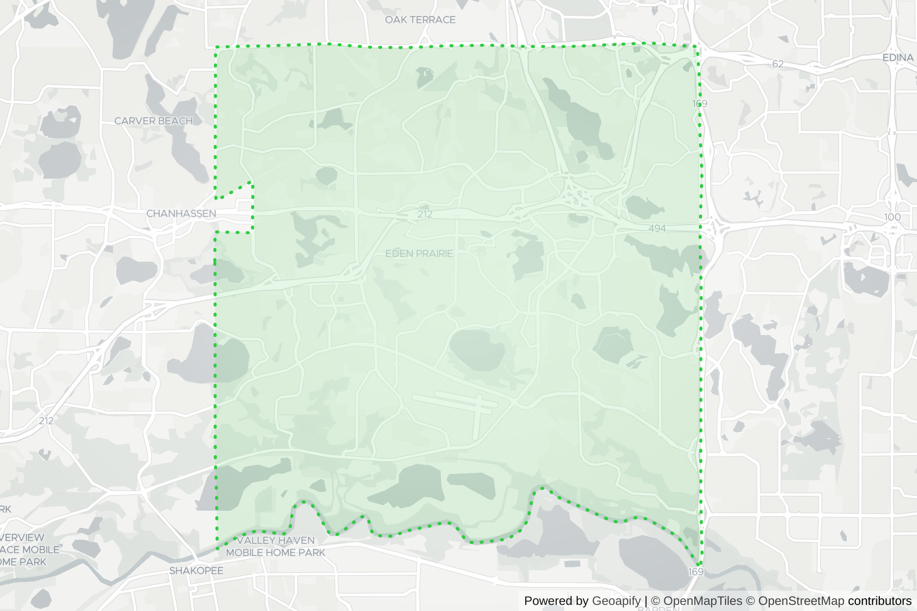 Map of the KeyWe Locksmith service area in Eden Prairie, Hennepin County, MN