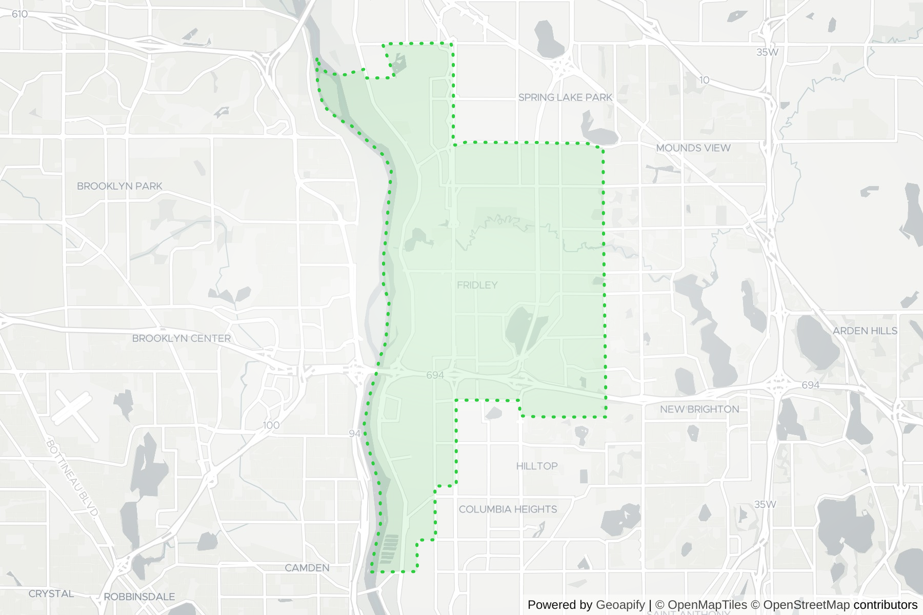 Map of the KeyWe Locksmith service area in Fridley, Anoka County, MN
