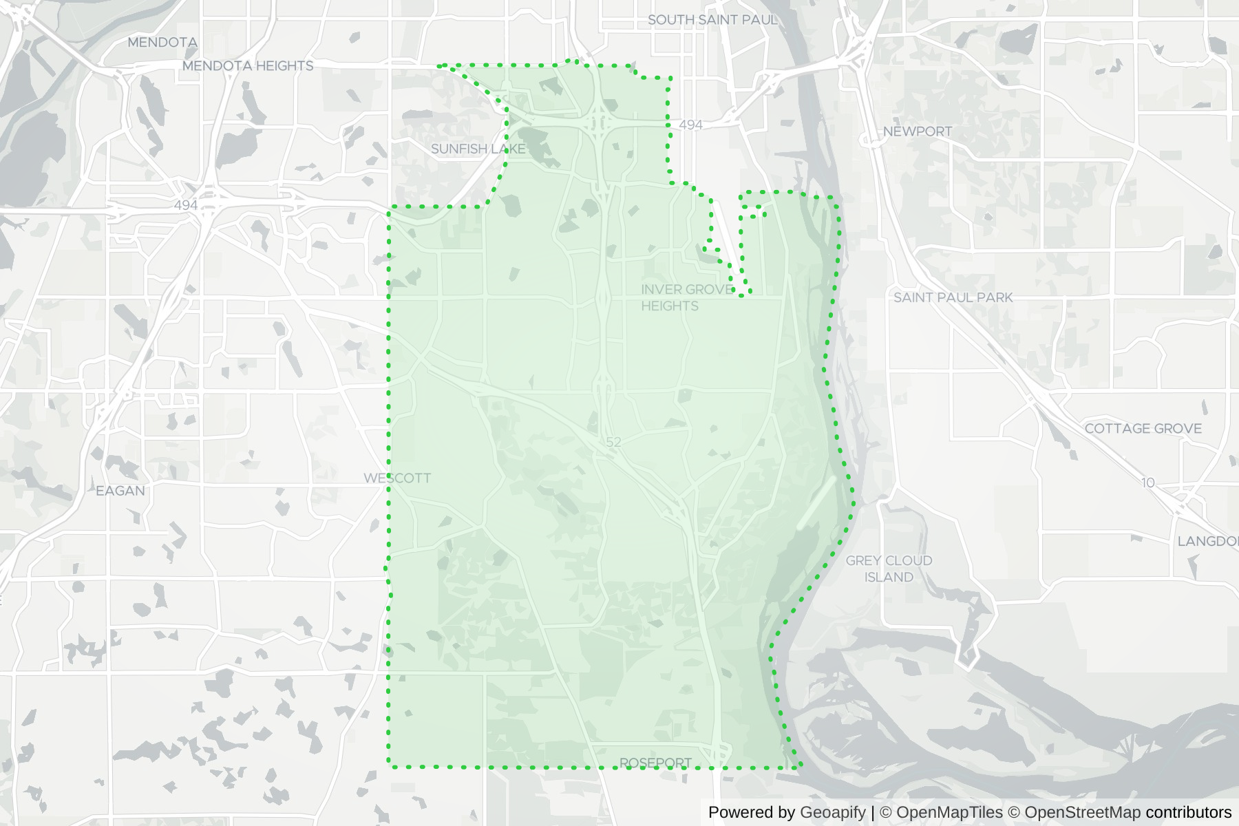 Map of the KeyWe Locksmith service area in Inver Grove Heights, Dakota County, MN