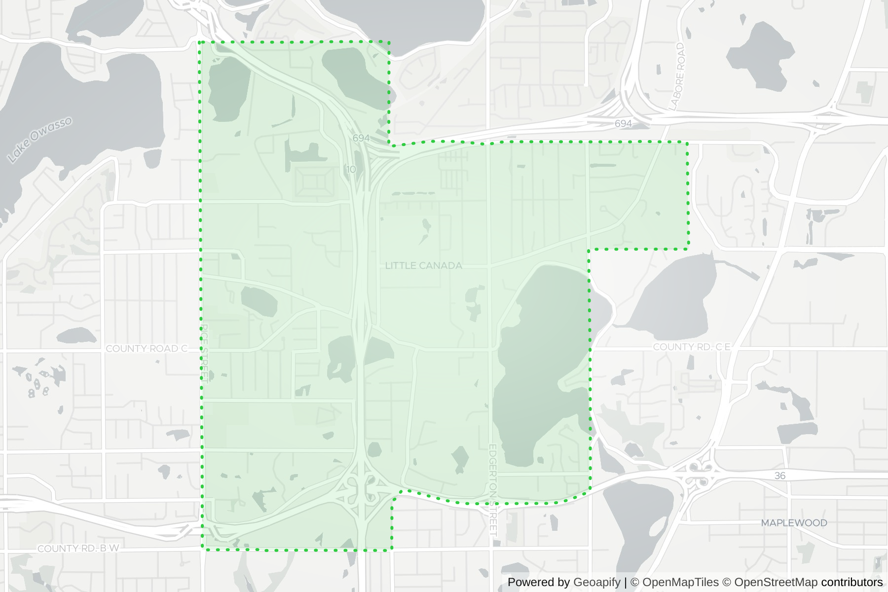 Map of the KeyWe Locksmith service area in Little Canada, Ramsey County, MN