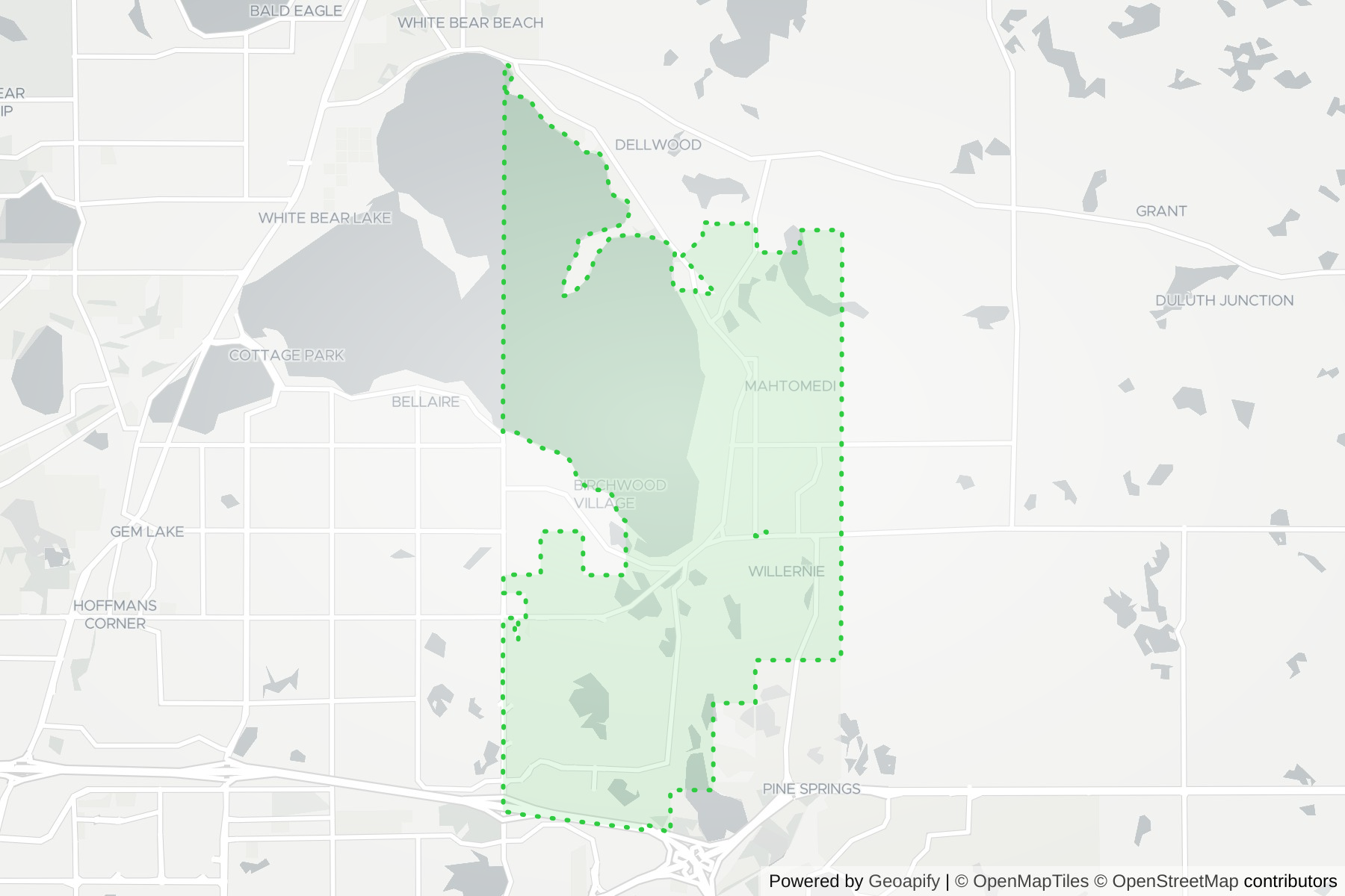 Map of the KeyWe Locksmith service area in Mahtomedi, Washington County, MN