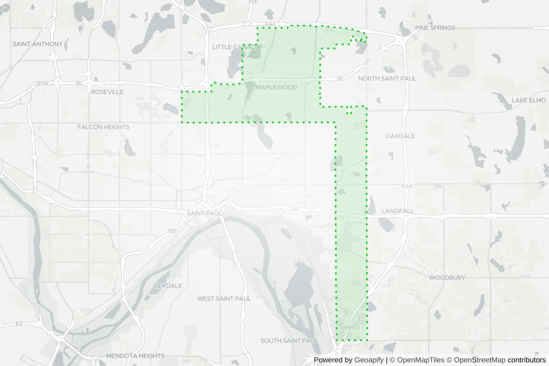 Map of the KeyWe Locksmith service area in Maplewood, Ramsey County, MN
