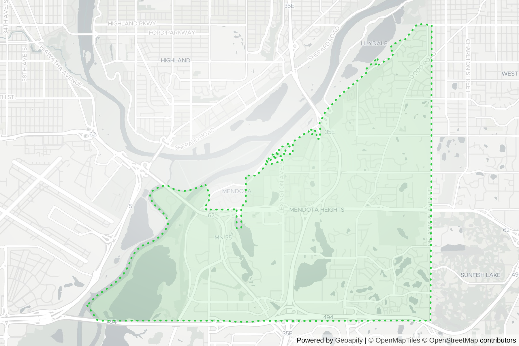 Map of the KeyWe Locksmith service area in Mendota Heights, Dakota County, MN