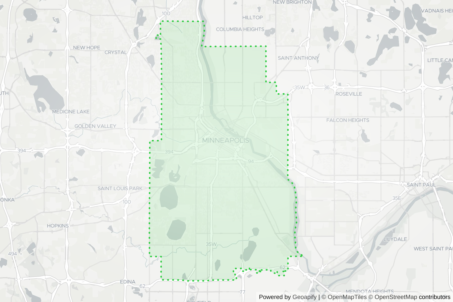 Map of the KeyWe Locksmith service area in Minneapolis, Hennepin County, MN