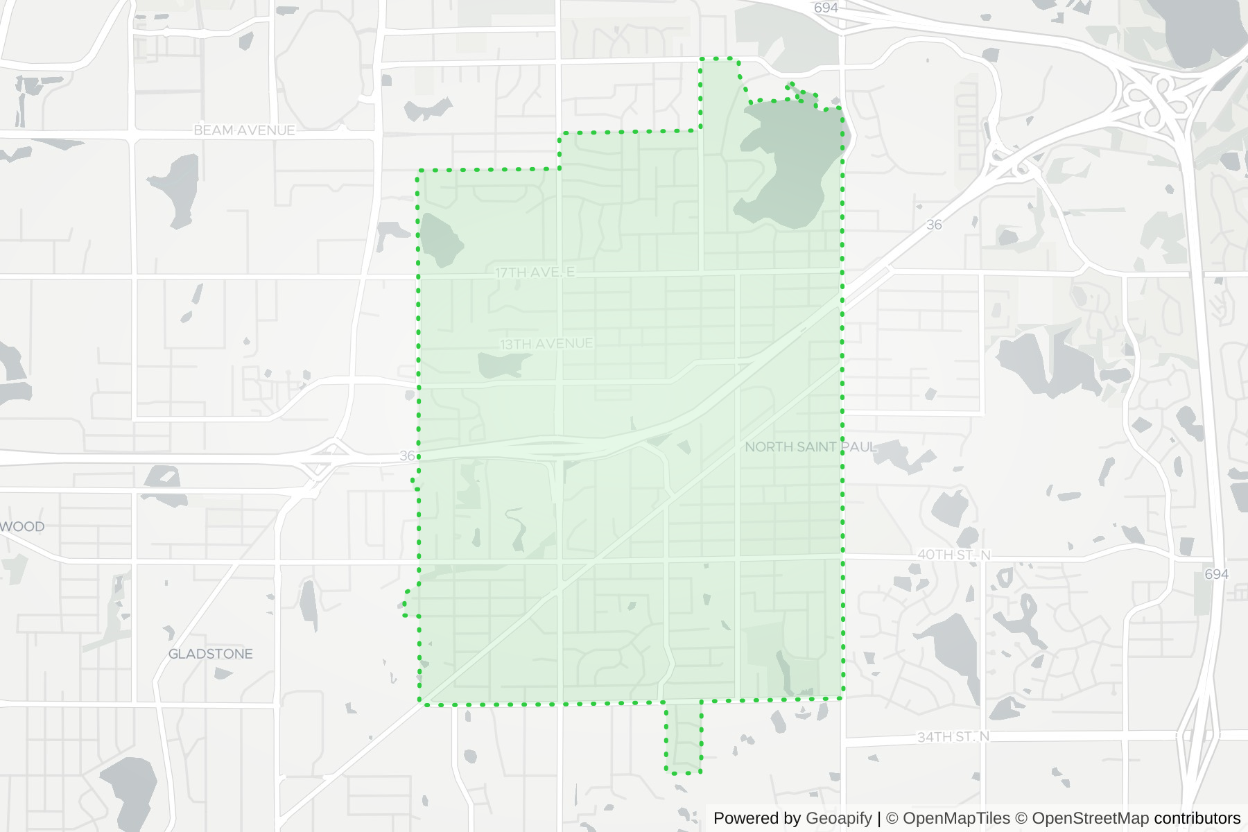 Map of the KeyWe Locksmith service area in North St. Paul, Ramsey County, MN