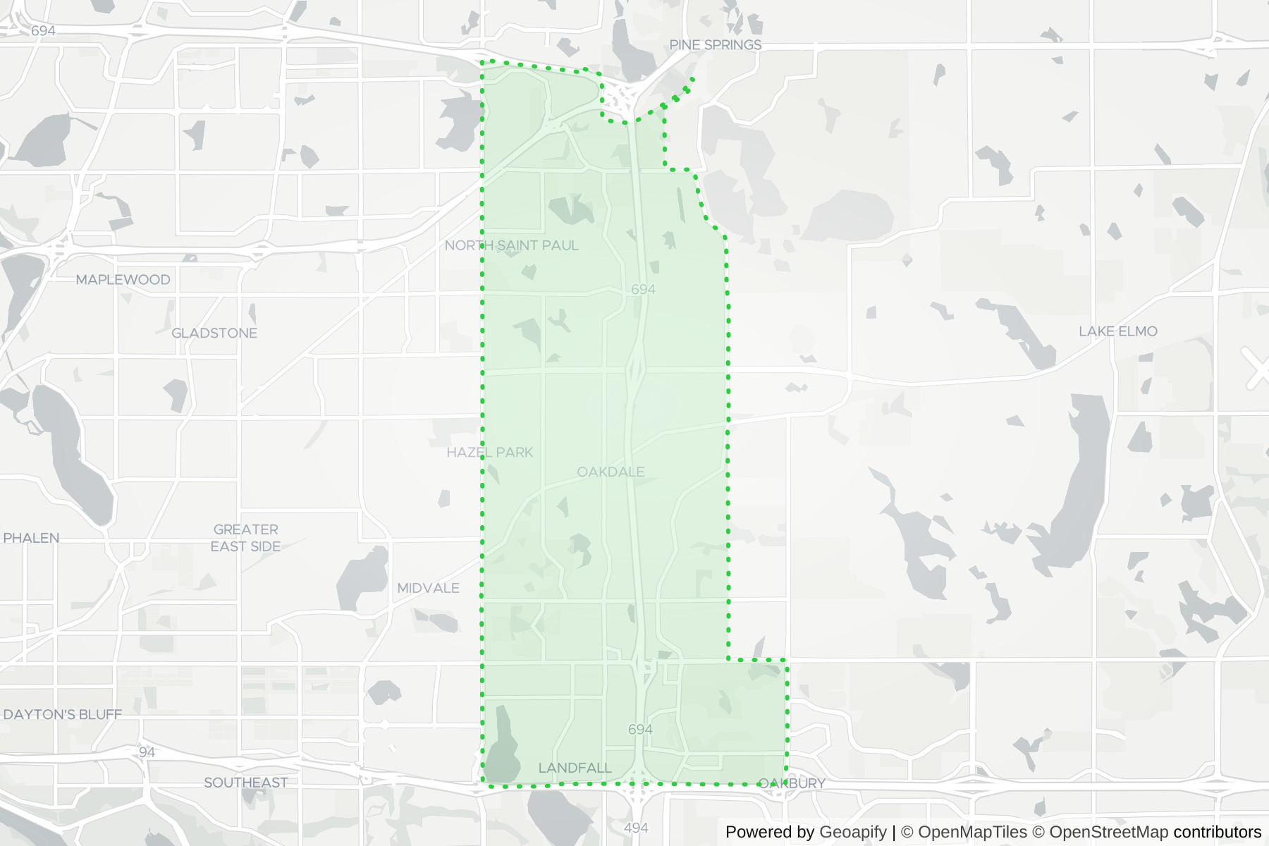 Map of the KeyWe Locksmith service area in Oakdale, Washington County, MN
