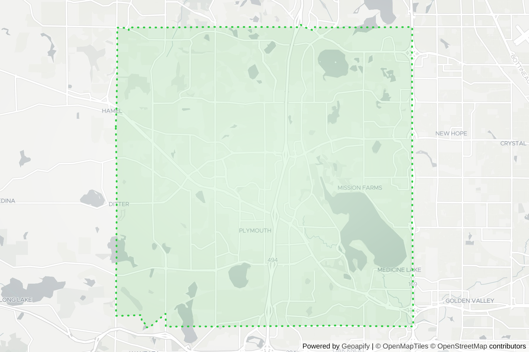 Map of the KeyWe Locksmith service area in Plymouth, Hennepin County, MN