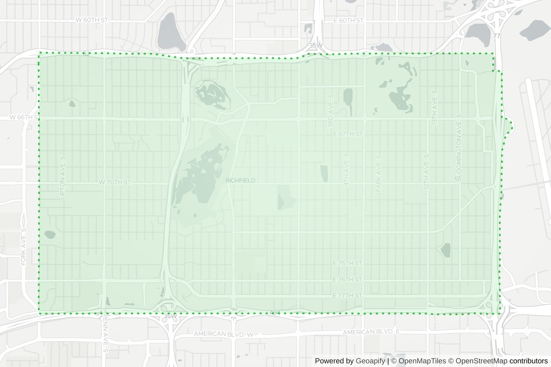 Map of the KeyWe Locksmith service area in Richfield, Hennepin County, MN