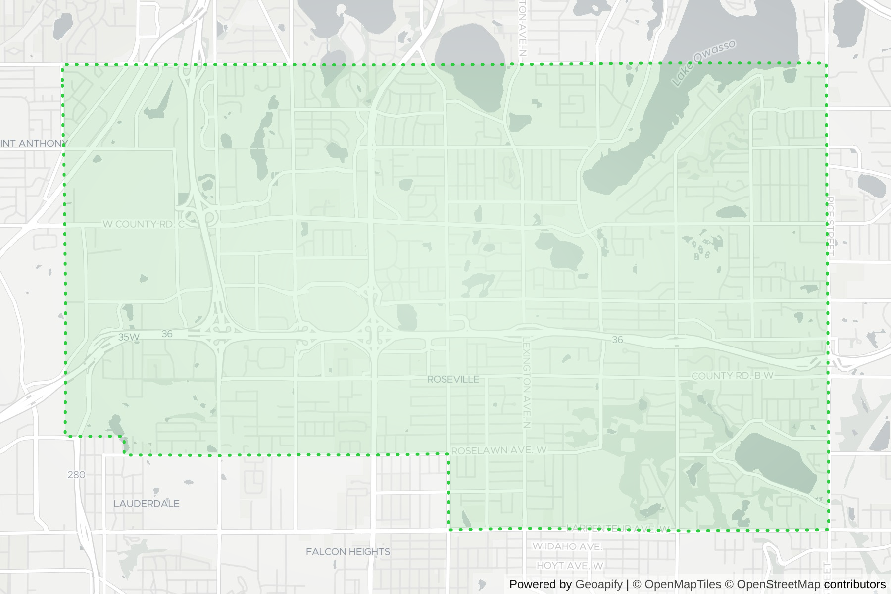 Map of the KeyWe Locksmith service area in Roseville, Ramsey County, MN