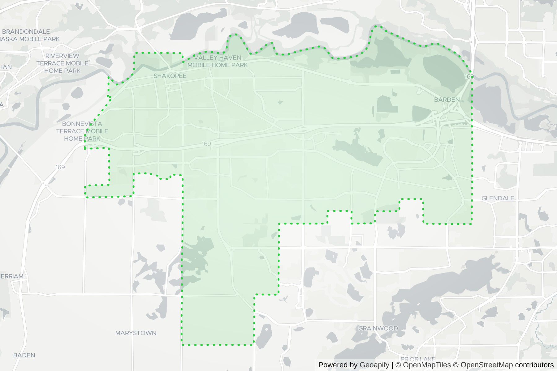 Map of the KeyWe Locksmith service area in Shakopee, Scott County, MN