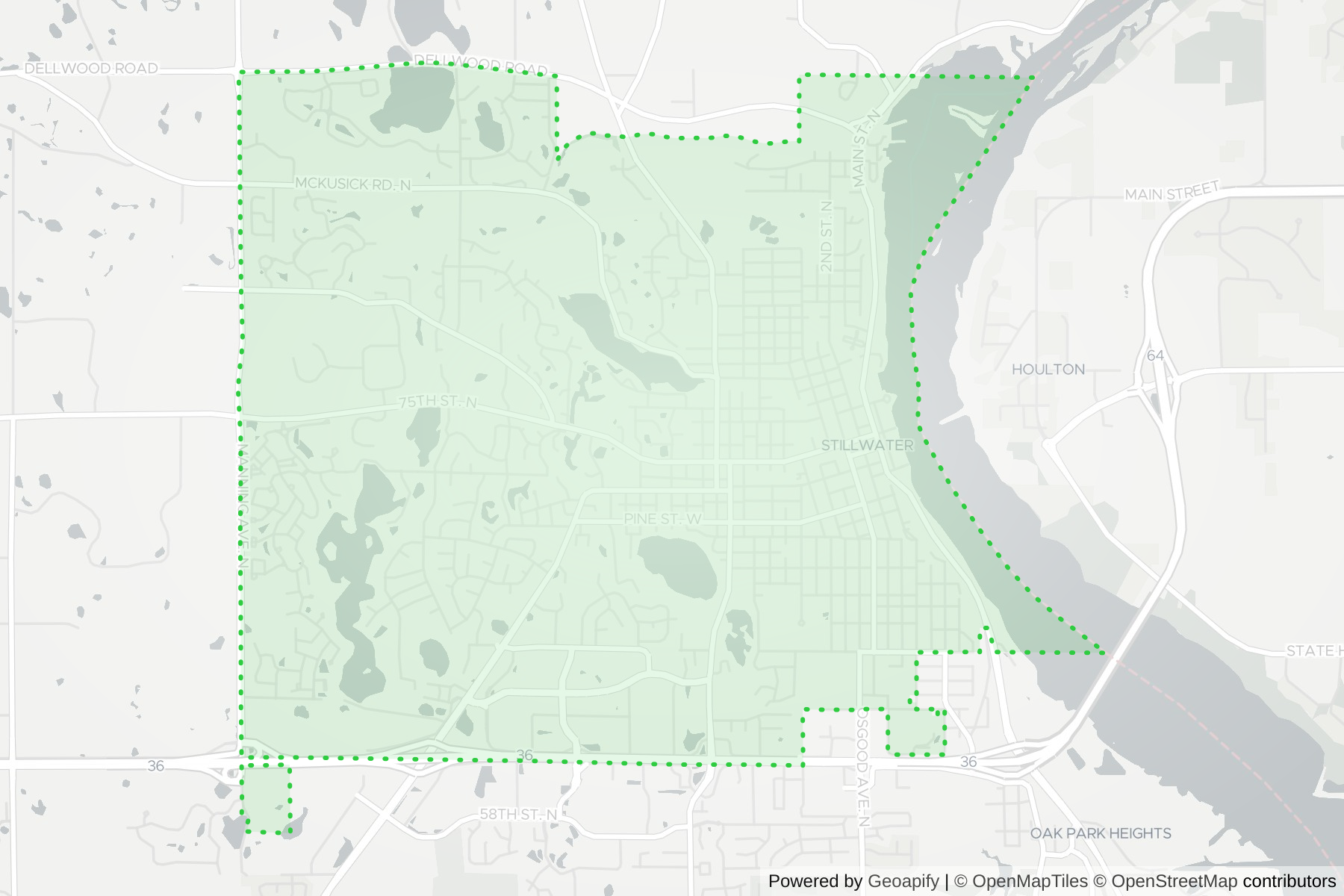 Map of the KeyWe Locksmith service area in Stillwater, Washington County, MN