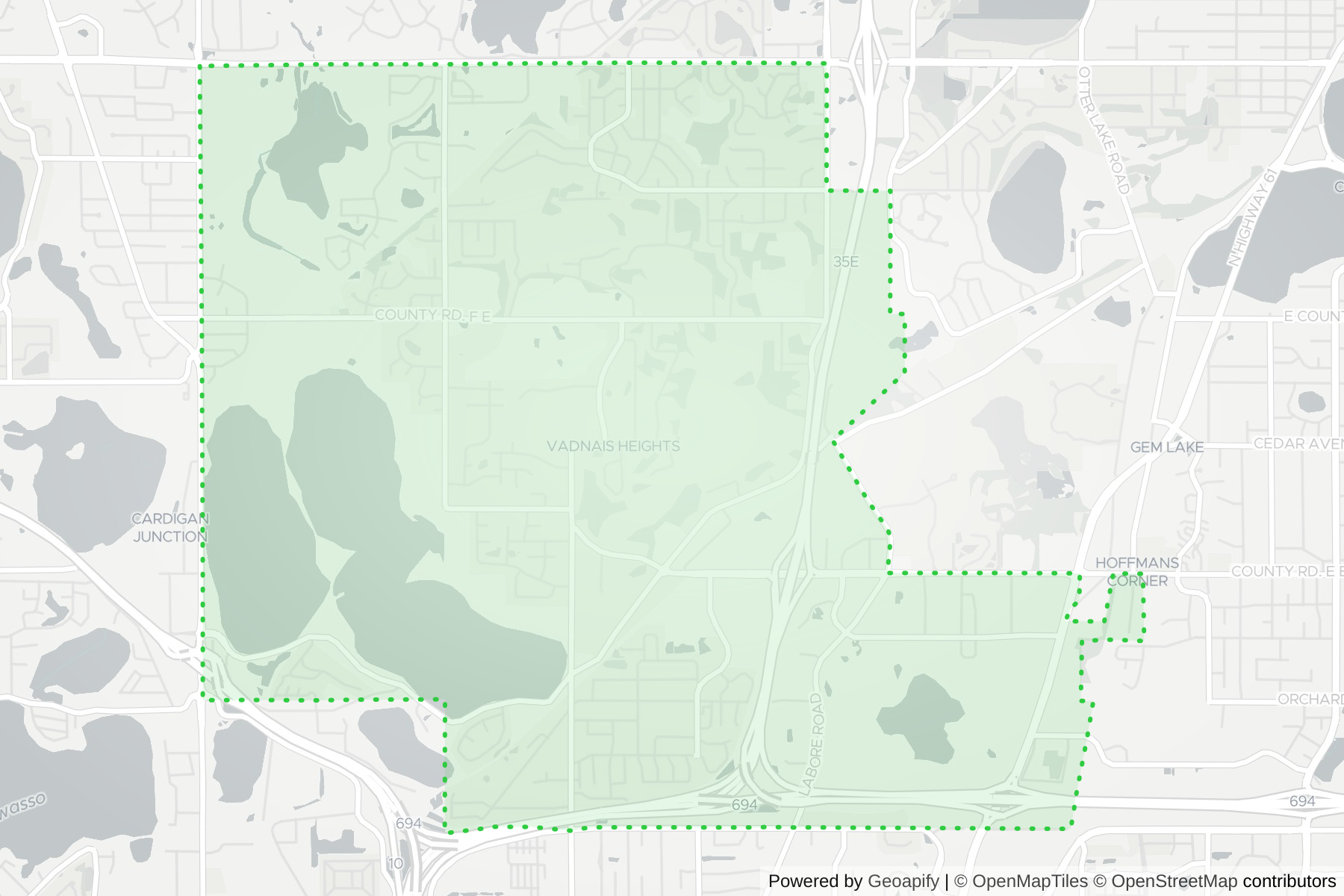 Map of the KeyWe Locksmith service area in Vadnais Heights, Ramsey County, MN