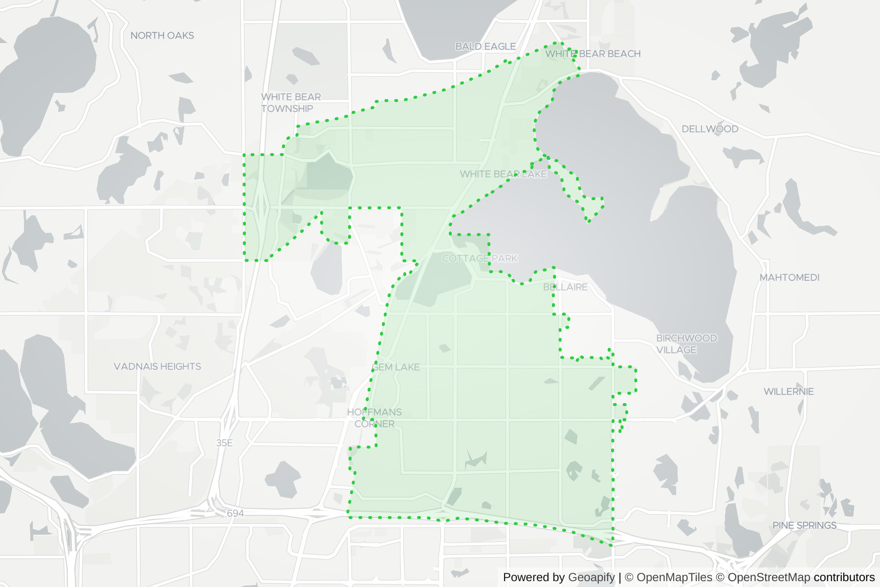 Map of the KeyWe Locksmith service area in White Bear Lake, Ramsey County, MN