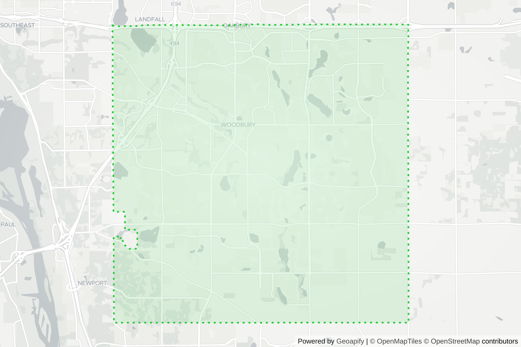 Map of the KeyWe Locksmith service area in Woodbury, Washington County, MN